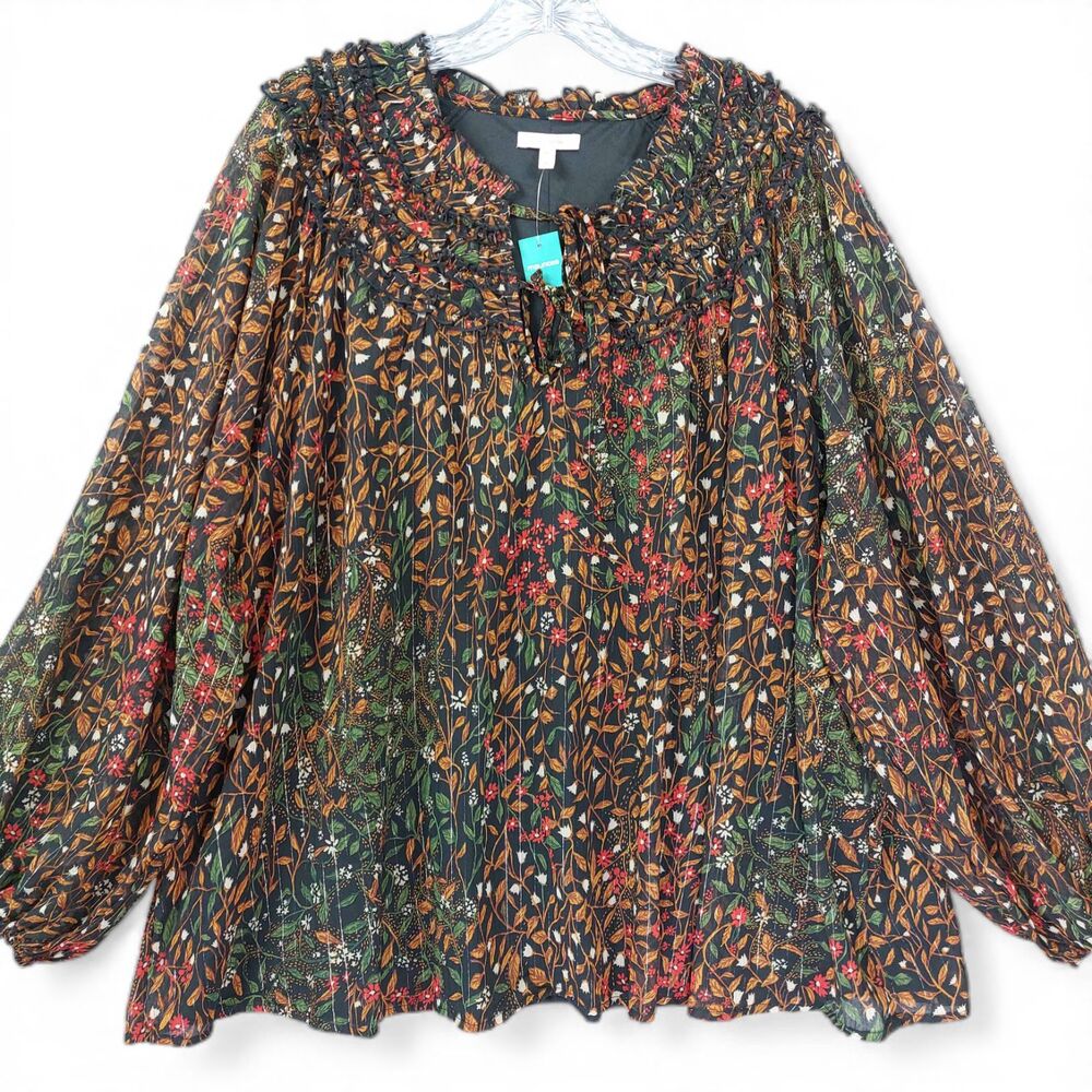 Maurices Women’s 3X Floral Peasant Blouse Sheer Ruffle Boho Top Black Multicolor